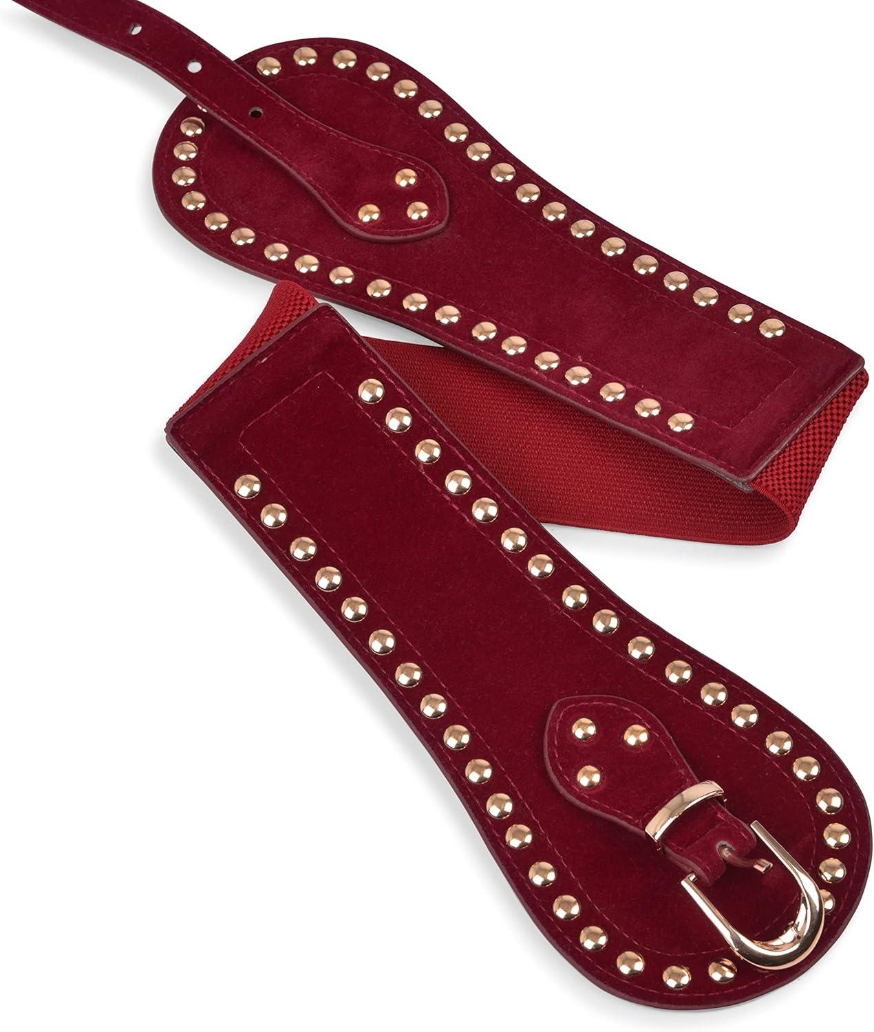 imageBlackButterfly Velvet Pirate Studs Decorated Vintage Buckle Stretchy Waspie Adjustable Waist BeltWine Red