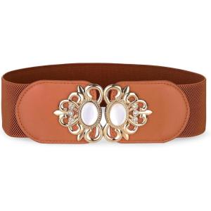 imageBlackButterfly Stretchy Vintage Wide Waspie Elastic Pearl Buckle Waist BeltLight Brown