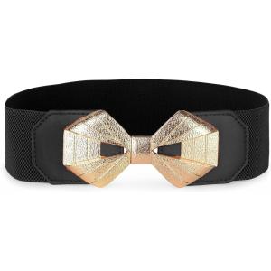 image:imageBlackButterfly Wide Elastic Cinch Stretch Waistband Retro Gold Bow Buckle Waist BeltBlack