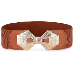 image:imageBlackButterfly Wide Elastic Cinch Stretch Waistband Retro Gold Bow Buckle Waist BeltLight Brown