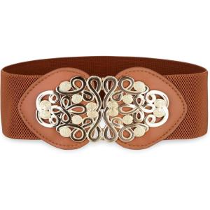 image:imageBlackButterfly Wide Elastic Cinch Stretch Waistband Retro Gold Medusa Buckle Waist BeltLight Brown